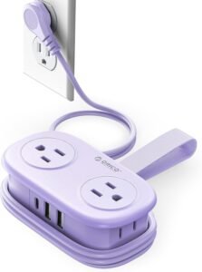 purple travel power strip with USB-C and 4 AC outlets