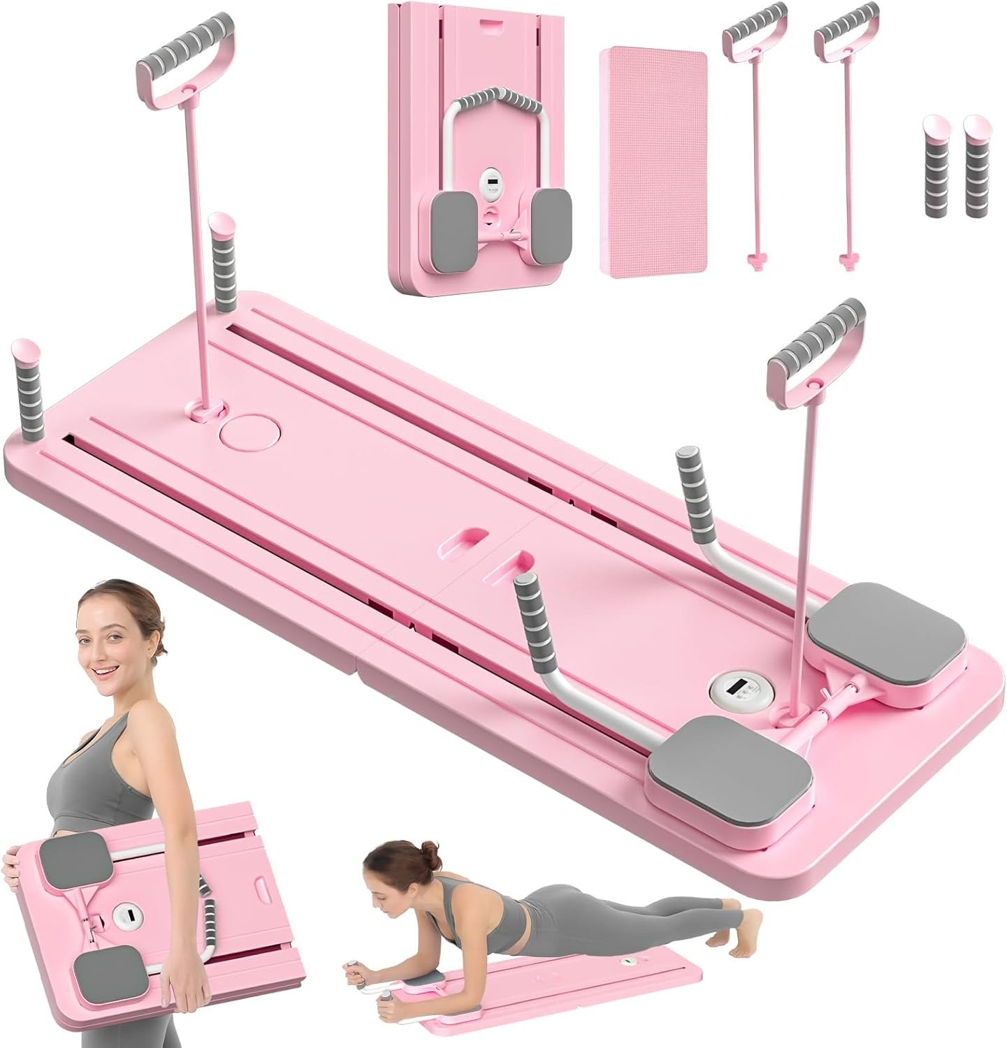 “Woman exercising on JANUA Pilates Board reformer set in home gym”