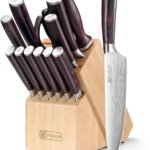 paudin 14 piece kitchen knife set with wooden block on kitchen counter