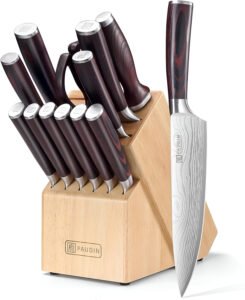 paudin 14 piece kitchen knife set with wooden block on kitchen counter
