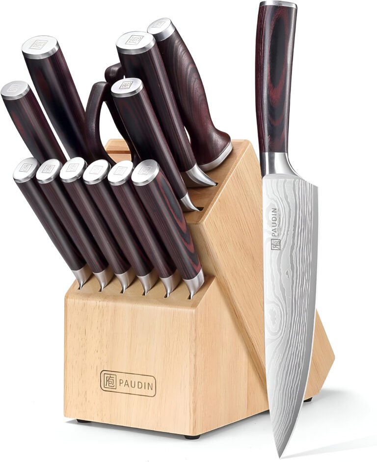 paudin 14 piece kitchen knife set with wooden block on kitchen counter