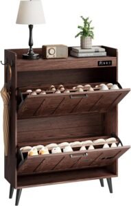 slim shoe storage cabinet for entryway with 2 deodorizing drawers in walnut