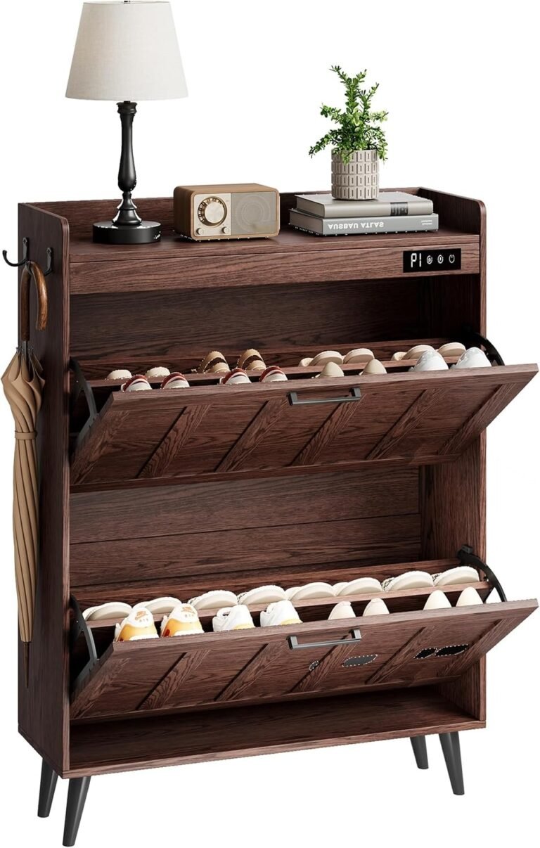 slim shoe storage cabinet for entryway with 2 deodorizing drawers in walnut