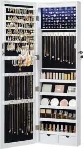 SONGMICS mirror jewelry cabinet with LED lights, wall mounted jewelry organizer