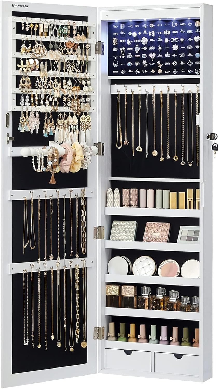SONGMICS mirror jewelry cabinet with LED lights, wall mounted jewelry organizer