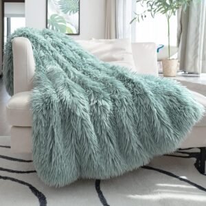 fluffy faux fur throw blanket 50 x 60 decorative shaggy blanket for couch bed and pets white