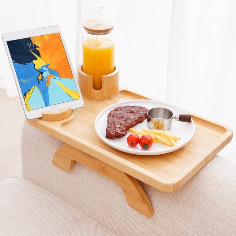 Nnewvante couch cup holder tray on sofa arm with tablet, juice, and meal plate