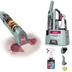 Shark StainForce cordless spot cleaner HX101 removing stains from carpet with accessories