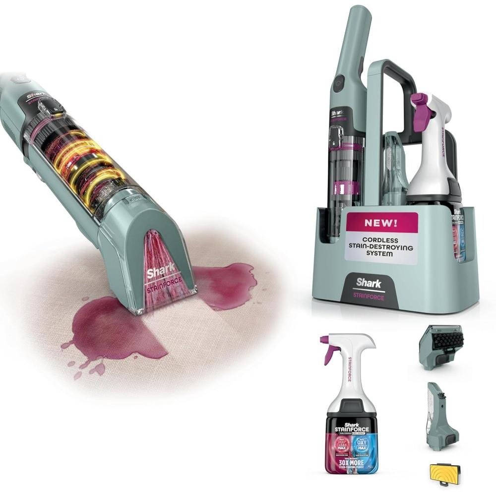 Shark StainForce cordless spot cleaner HX101 removing stains from carpet with accessories