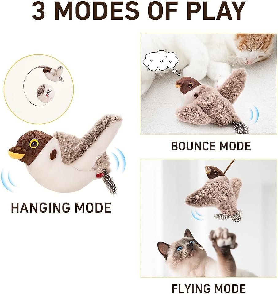 “USB rechargeable flying bird cat toy with catnip pouch for indoor cats”