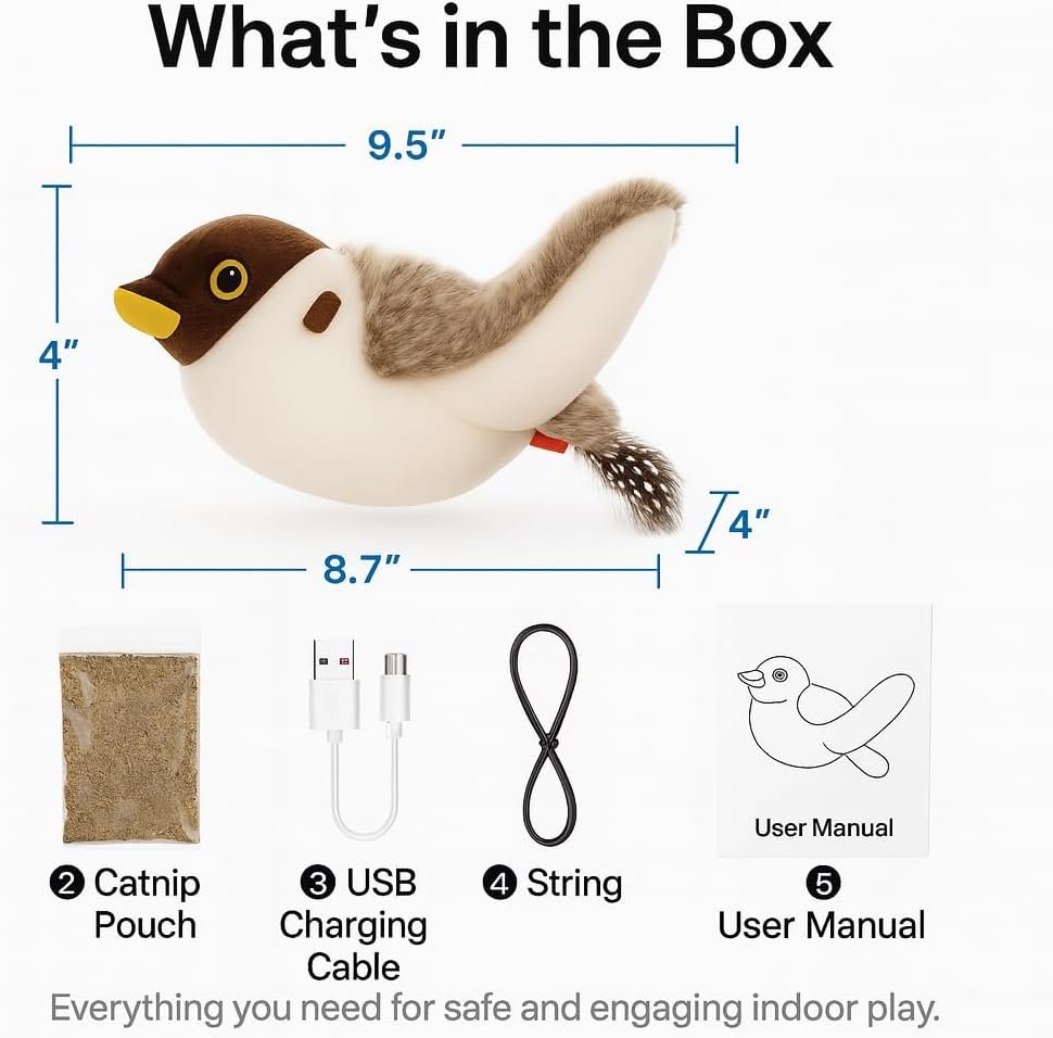 “Cat playing with motion-activated flappy bird cat toy with chirping sound”