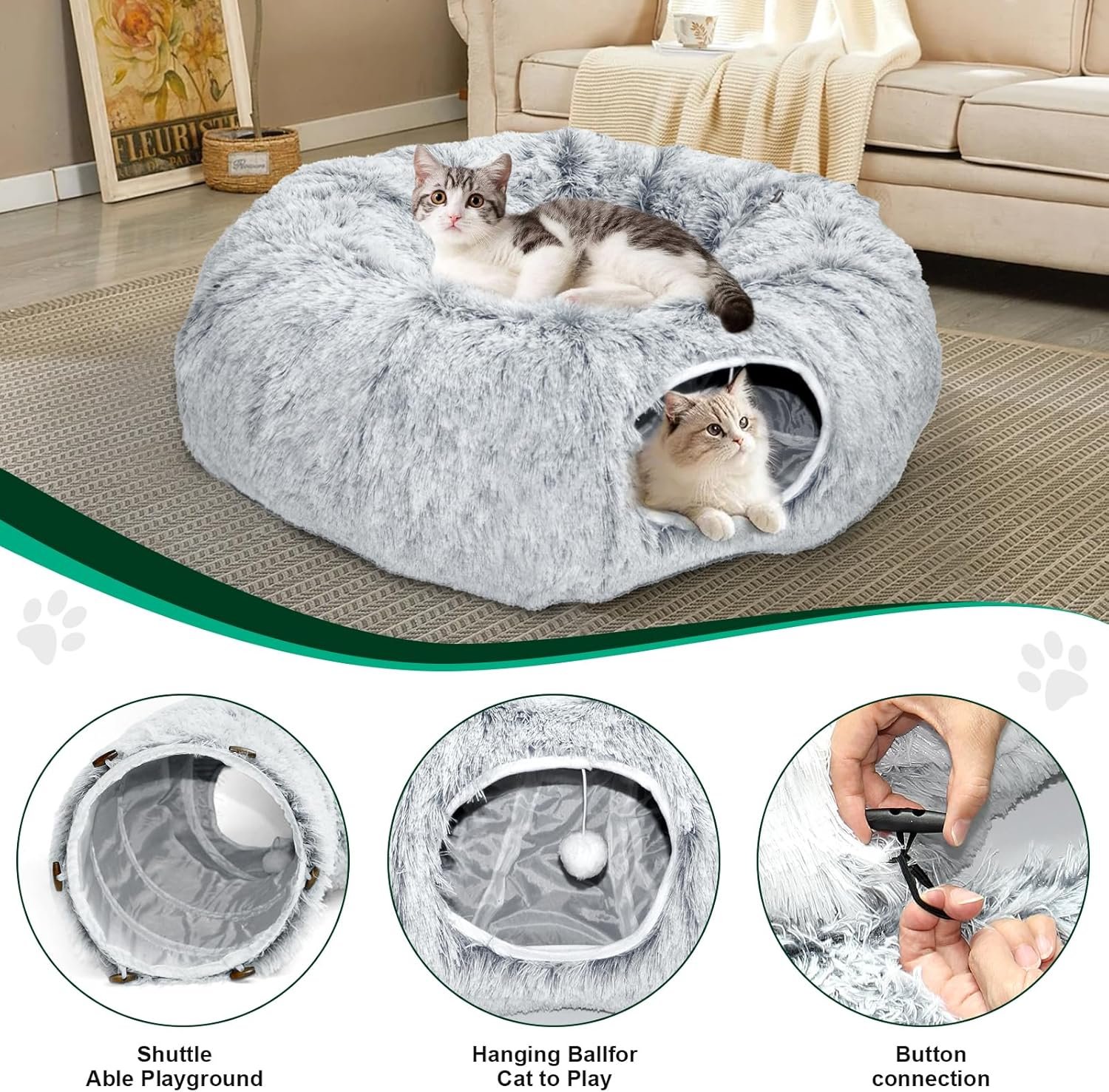 “Foldable ash gray cat tunnel with thick resting mat for indoor cats”