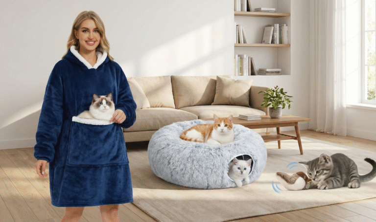 Wearable blanket hoodie with cat pocket, fluffy cat bed and bird toy with kitten playing – indoor cat essentials for happy indoor cats.