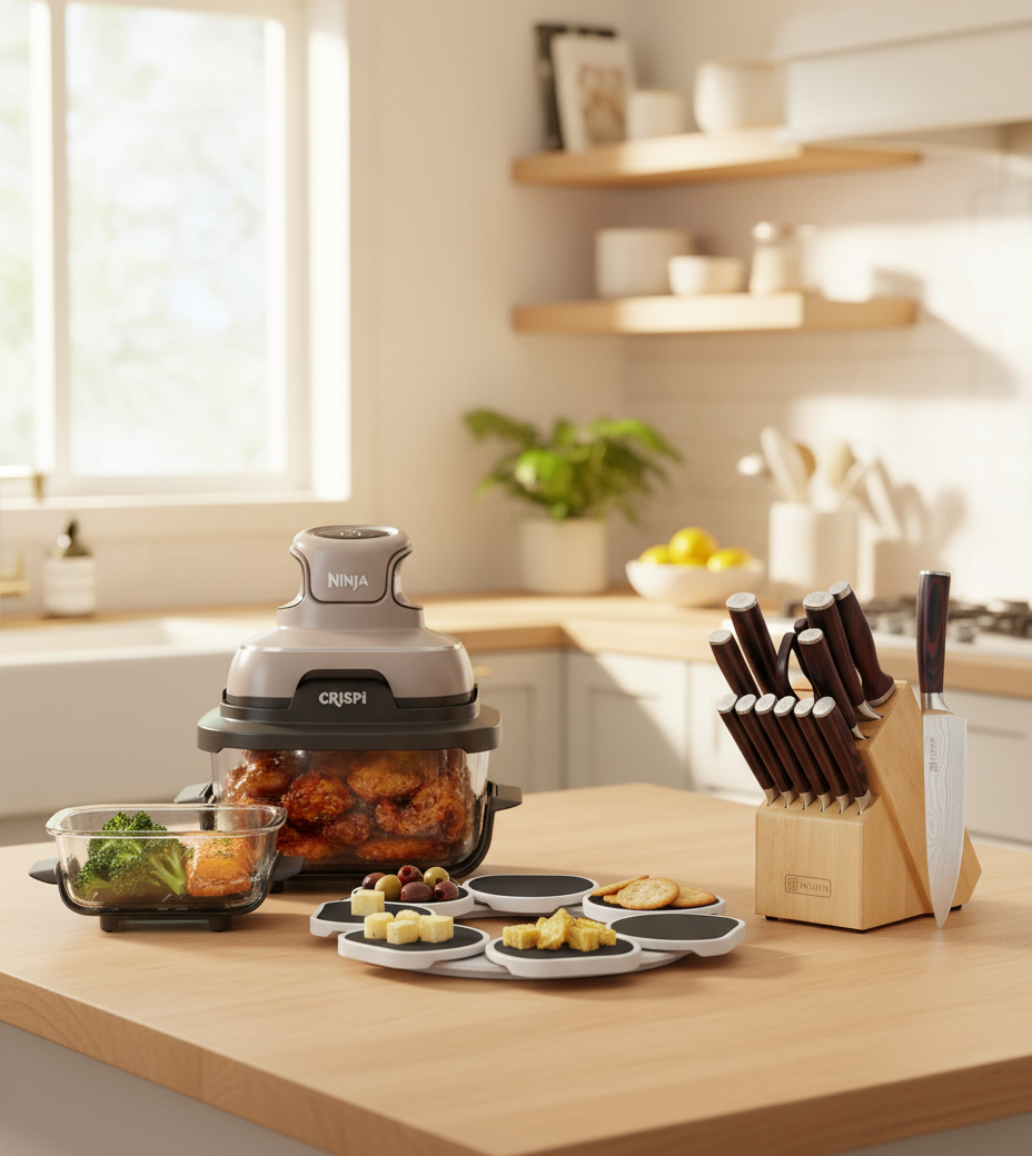 Modern kitchen countertop with a compact air fryer, rotating snack tray, and wooden knife block in a bright cozy kitchen.