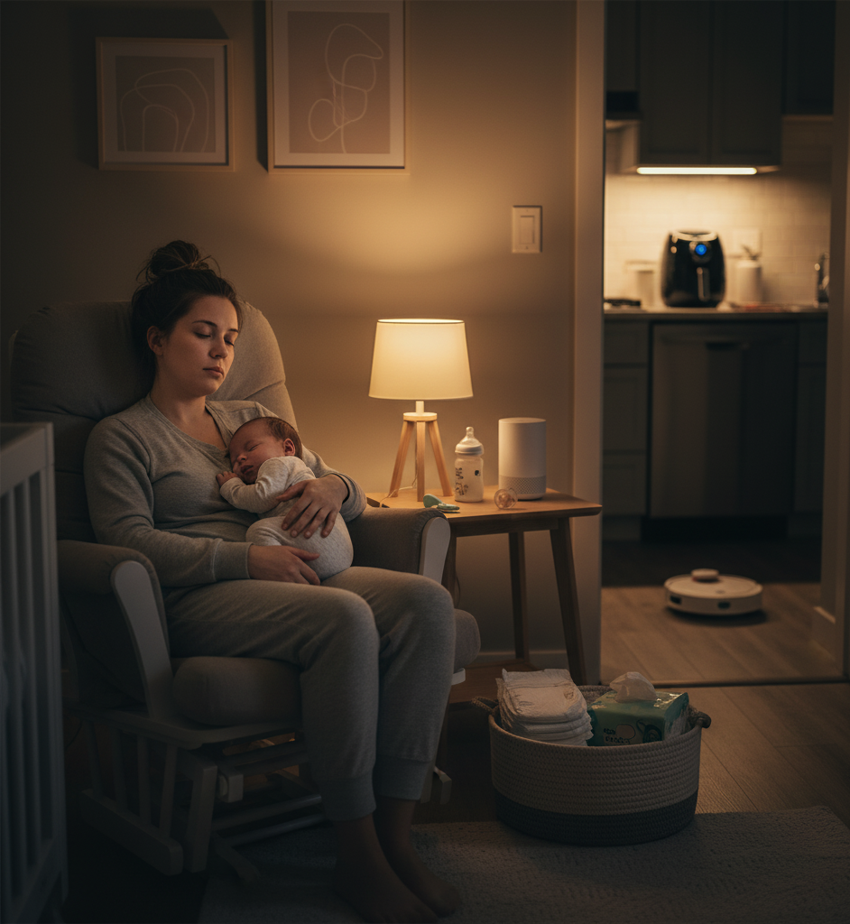 Nighttime essentials for new parents – exhausted mom with baby in cozy nursery at night