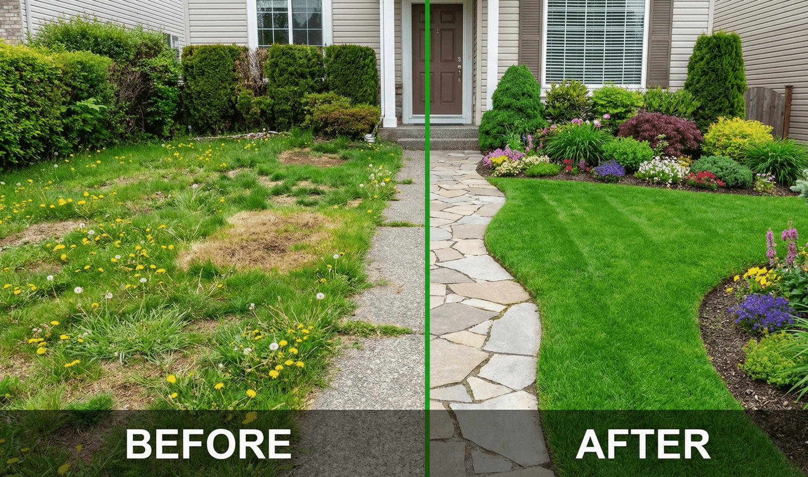 beautiful front yard designed by professional landscaping services near me with green lawn, flower beds and small trees