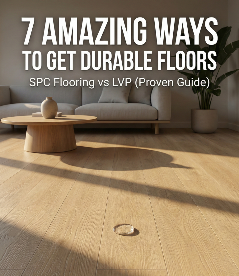 SPC flooring in a modern living room showing durable luxury vinyl plank with water resistance compared to LVP flooring.