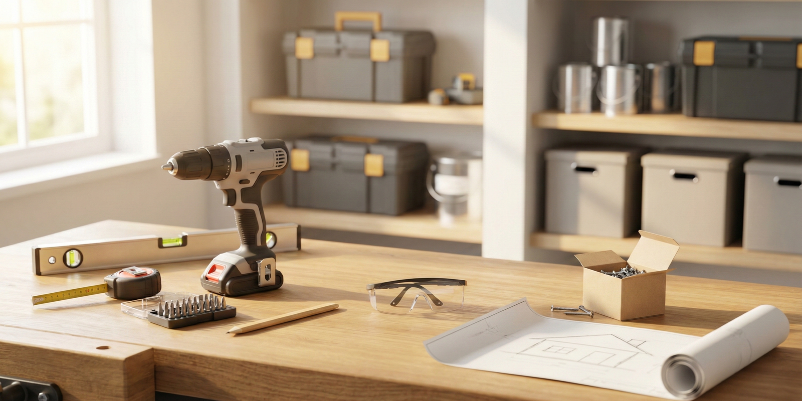 Lowes home improvement store DIY workbench with cordless drill, level, tape measure, safety glasses, screws, and home project blueprint