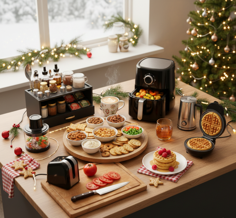 “Christmas kitchen gifts on a cozy holiday counter, including an air fryer, coffee bar organizer, mini waffle maker, milk frother, snack board and knife on a wooden cutting board.”