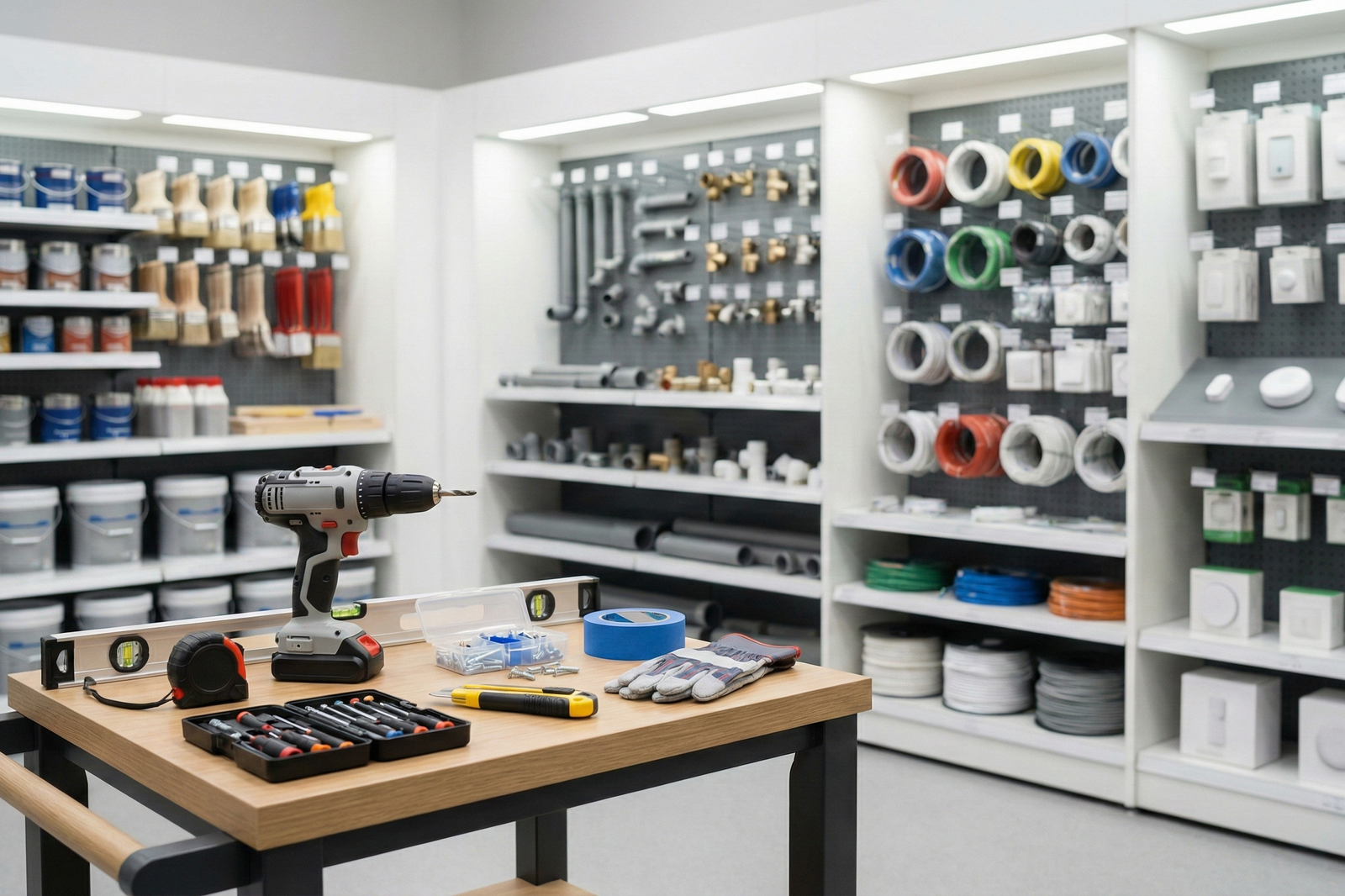 Lowes home improvement store aisle with DIY tools on a display table, including a cordless drill, level, tape measure, gloves, and hardware supplies