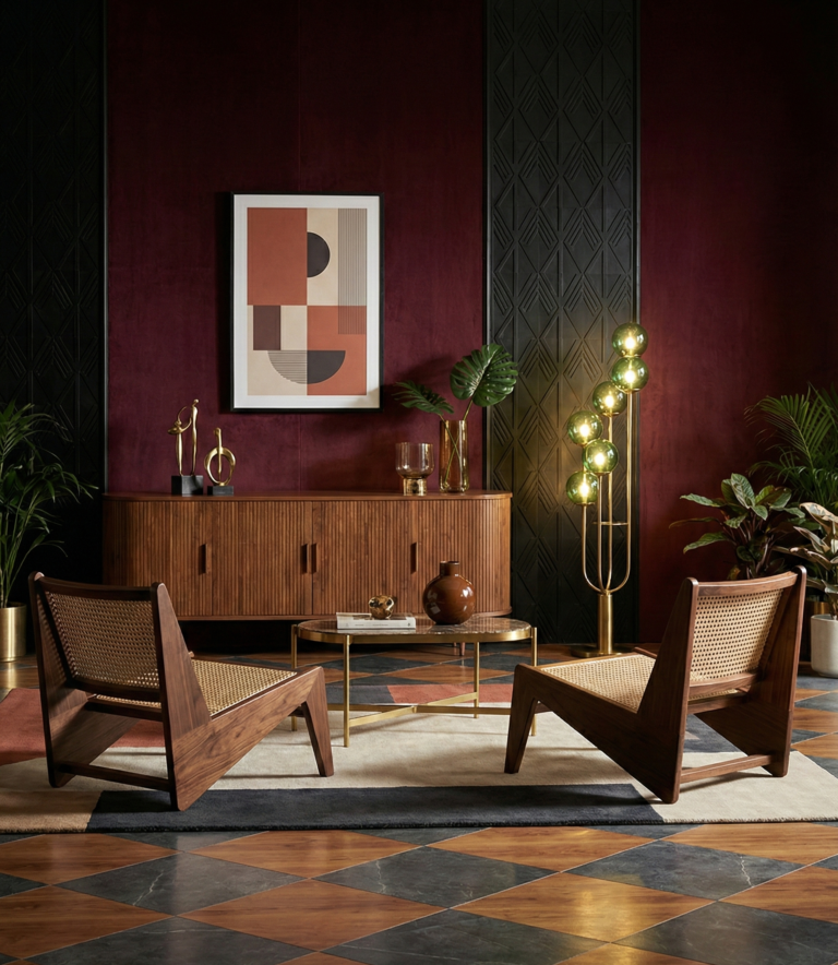Neo Deco living room with burgundy walls, geometric diamond floor, cane lounge chairs, mid-century wood credenza, abstract art, and brass orb floor lamp.