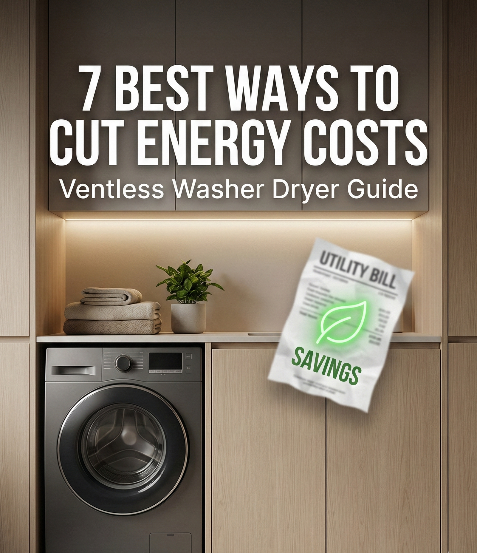 Ventless washer dryer guide showing a compact ventless dryer and utility bill savings, including heat pump combo and condensation dryer tips.