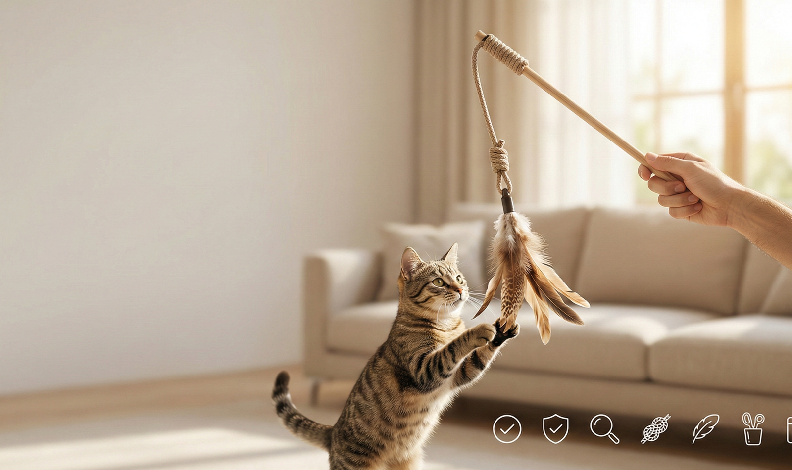 Tabby cat playing with a feather wand toy in a bright living room, showing 7 safety checks for buying safely.