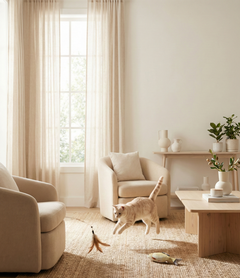 Interactive cat toys in a cozy living room—orange tabby cat jumping to chase a feather teaser on a rug with a plush fish toy nearby.