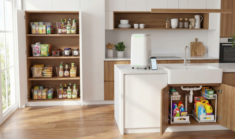 A wide view of a modern kitchen with open cabinets. On the left, a tall wooden pantry cabinet is filled with clear bins organizing snacks and drinks. In the center island, a white air purifier with green lights sits next to a smartphone. On the right, the white under-sink cabinet door is open, revealing two tiered organizers holding cleaning supplies around plumbing. The kitchen features wood cabinets, a white countertop, and a large window.