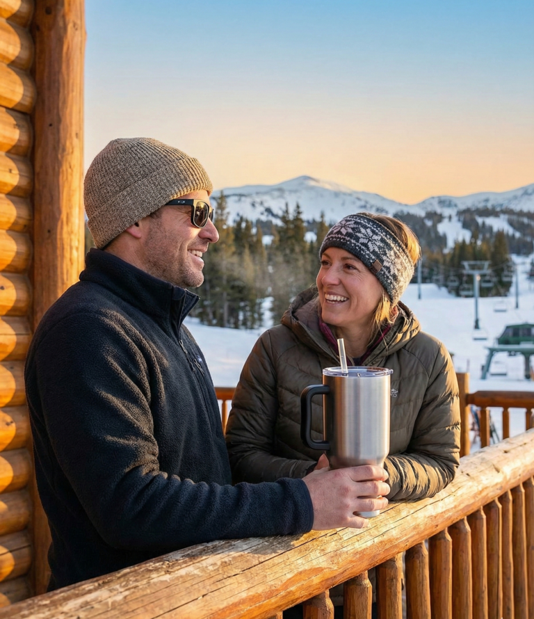 Winter ski lodge balcony scene with two people holding a stainless steel tumbler with handle and straw lid, warm sunset light over snowy mountains.