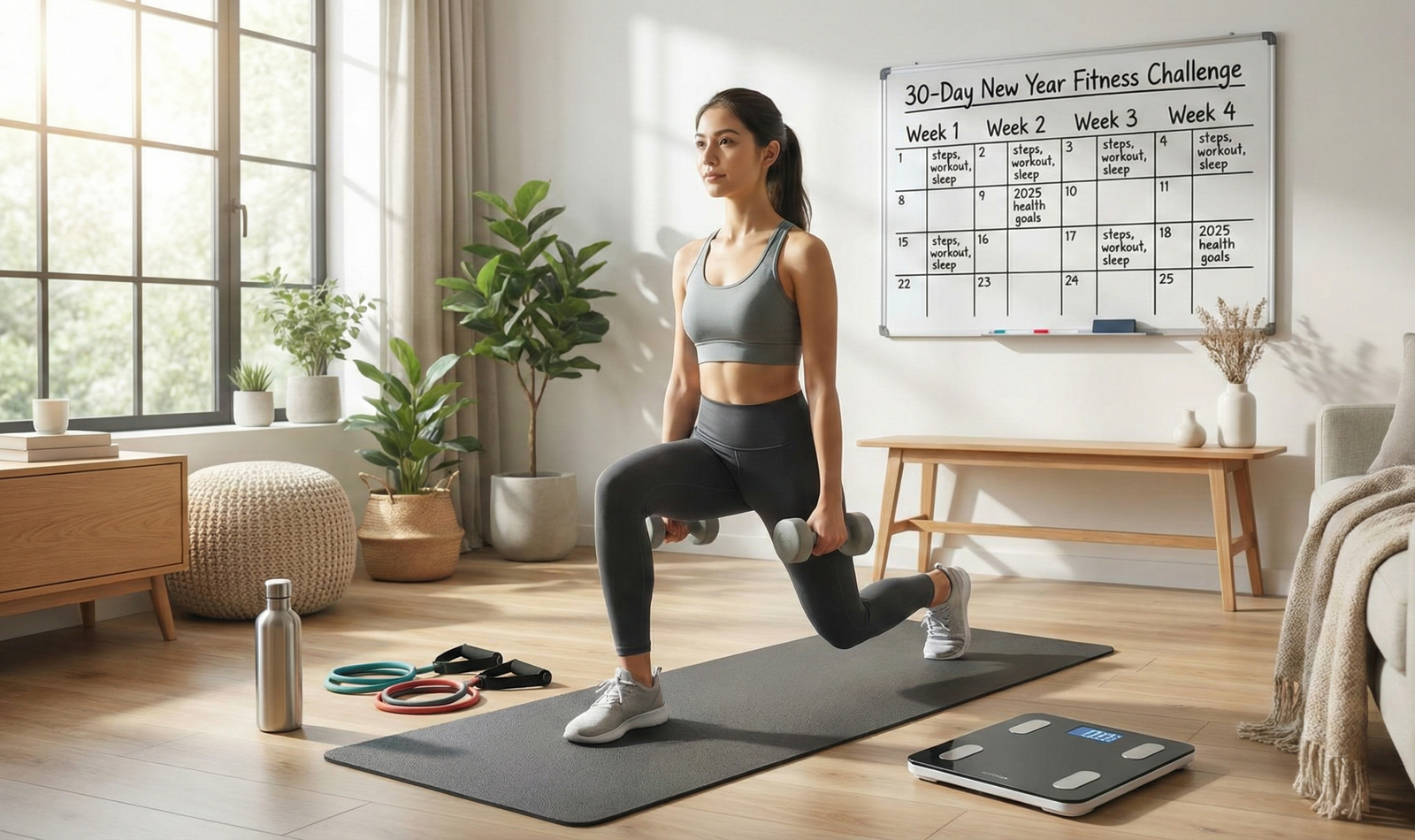 A young woman doing dumbbell lunges on a yoga mat in a bright modern living room, with resistance bands, a water bottle and a digital scale on the floor, and a whiteboard behind her titled “30-Day New Year Fitness Challenge” with weeks and 2025 health goals written on it.