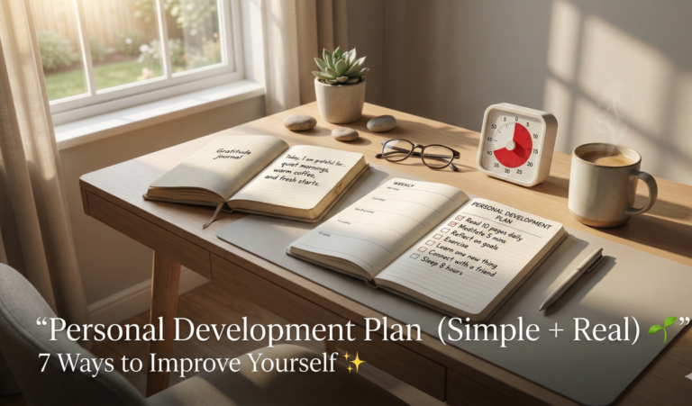 Personal development plan hero image with a cozy morning desk setup—gratitude journal, weekly planner, checklist of self improvement goals, and a visual timer in warm sunlight.