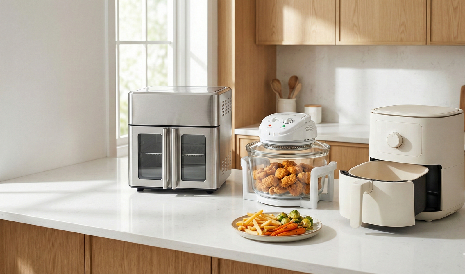 Best non toxic air fryer comparison image showing stainless steel, glass, and ceramic air fryer options on a modern kitchen countertop.