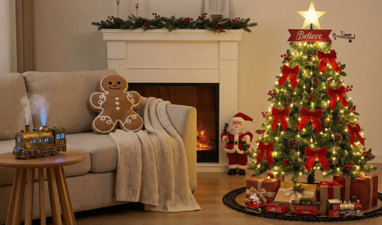 Cozy christmas home decor ideas living room with decorated Christmas tree with red bows and “Believe” topper, train set around the base, fireplace, gingerbread pillow on sofa and gold train humidifier diffuser.
