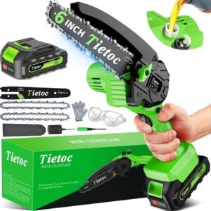 Green Tietoc 6-inch mini chainsaw shown with 21V battery pack, charger, spare chains, bar cover, gloves, safety goggles, and oil-filling detail in a complete mini chainsaw kit.