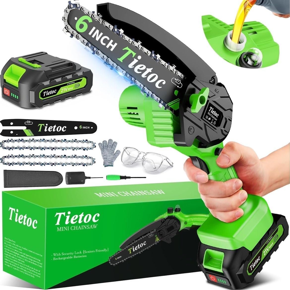 Green Tietoc 6-inch mini chainsaw shown with 21V battery pack, charger, spare chains, bar cover, gloves, safety goggles, and oil-filling detail in a complete mini chainsaw kit.