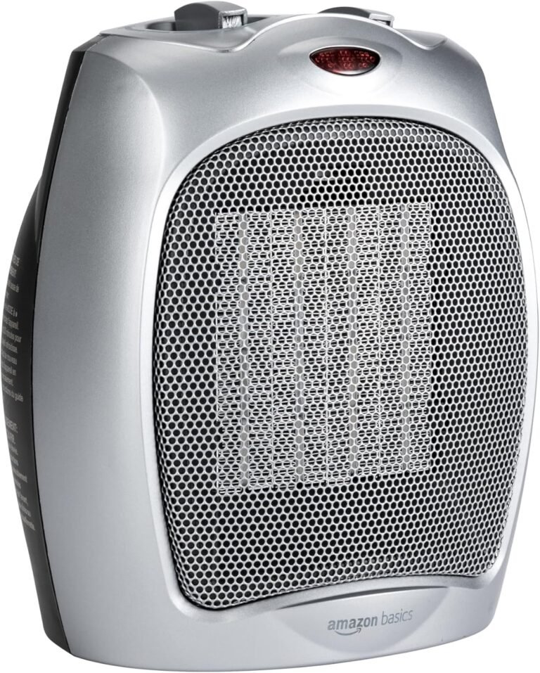 Ceramic Heater: 7 Ultimate Steps For Amazing 2026 Solutions 13 Silver ceramic heater with a large front metal grille, visible ceramic heating element behind the mesh, and a small red indicator light near the top; “amazon basics” logo on the lower front.