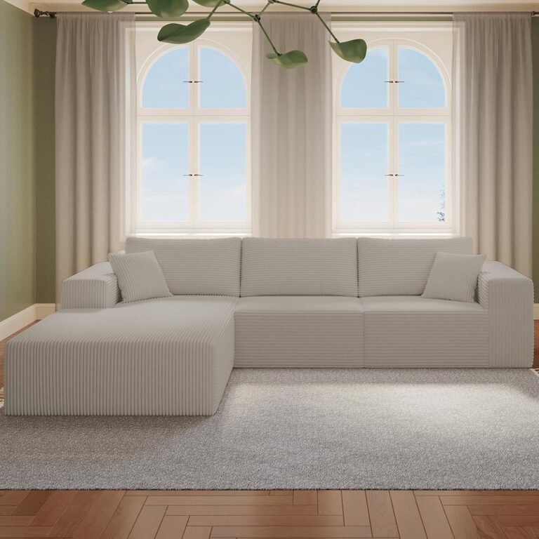 Product Reviews 19 Light gray cloud sectional with left chaise in a bright living room with arched windows and white curtains.