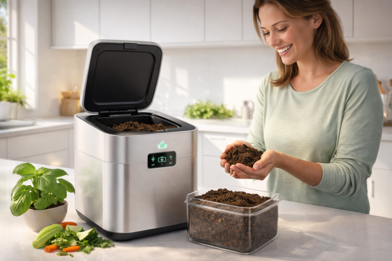 Electric kitchen composter on a countertop with finished compost, indoor food recycler for food scraps