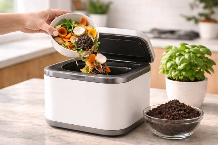 Hand pouring food scraps into an electric kitchen composter on a countertop, with a bowl of finished compost and a potted basil plant nearby.