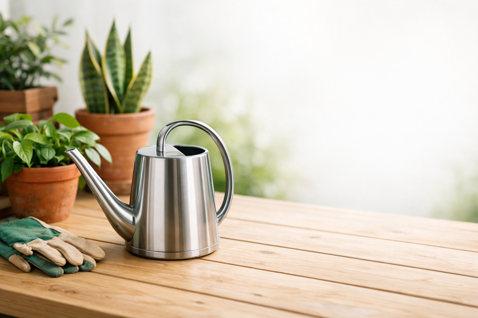 Stainless steel long-spout watering can on a wooden table beside gardening gloves and potted houseplants.