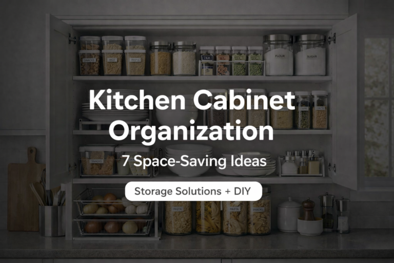 Organized kitchen cabinet with labeled storage containers, stacked dishes, and text: Kitchen Cabinet Organization – 7 Space-Saving Ideas