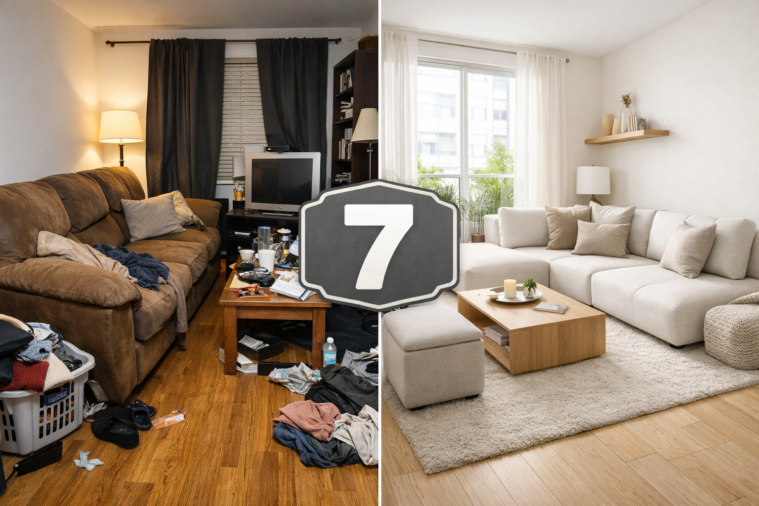 Boneless Couch: 7 Amazing Ways to Maximize Small Spaces (Proven Guide) 1 Split-screen small apartment living room makeover showing a cluttered “before” with a bulky sofa and an “after” with a bright boneless couch, frameless sofa look, hidden storage ottoman, and minimalist decor.