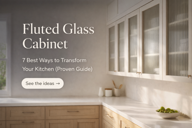 Bright modern kitchen with white upper fluted glass cabinet doors (vertical reeded glass panels), light oak lower cabinets, and a clean white countertop; overlay text reads “Fluted Glass Cabinet” with a button “See the ideas