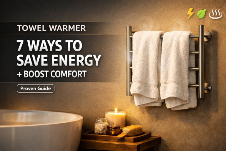 Wall-mounted towel warmer with warm white towels; overlay text: “Towel Warmer – 7 Ways to Save Energy + Boost Comfort (Proven Guide)”.