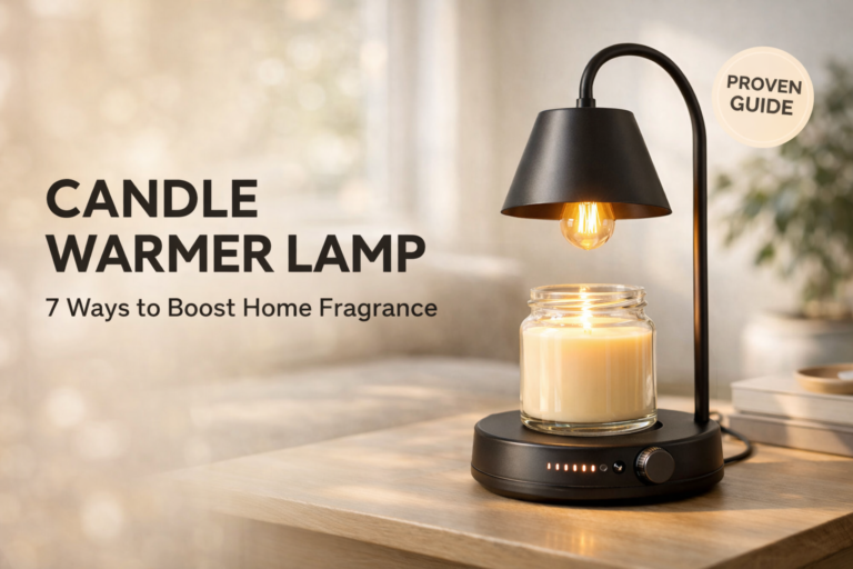 Candle warmer lamp warming a jar candle on a table with “7 Ways to Boost Home Fragrance” text and Proven Guide badge