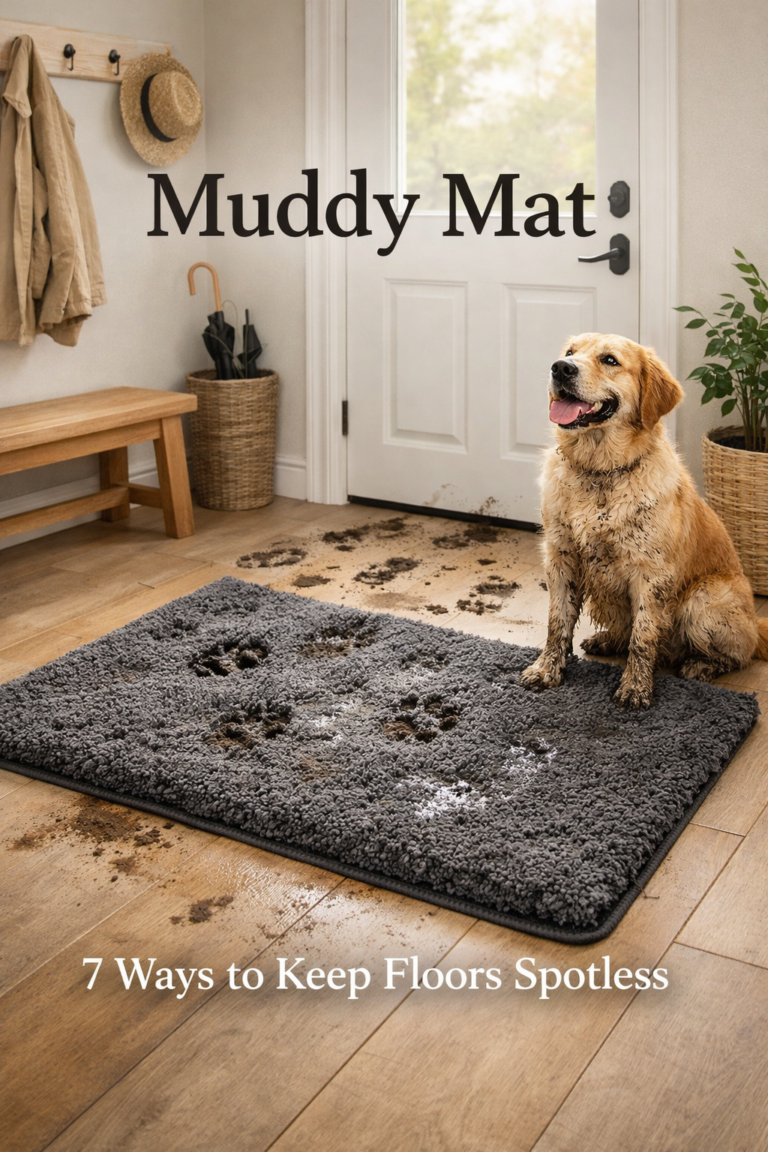 Muddy Mat by the entryway with muddy paw prints and a muddy dog, trapping dirt and water to keep floors spotless.