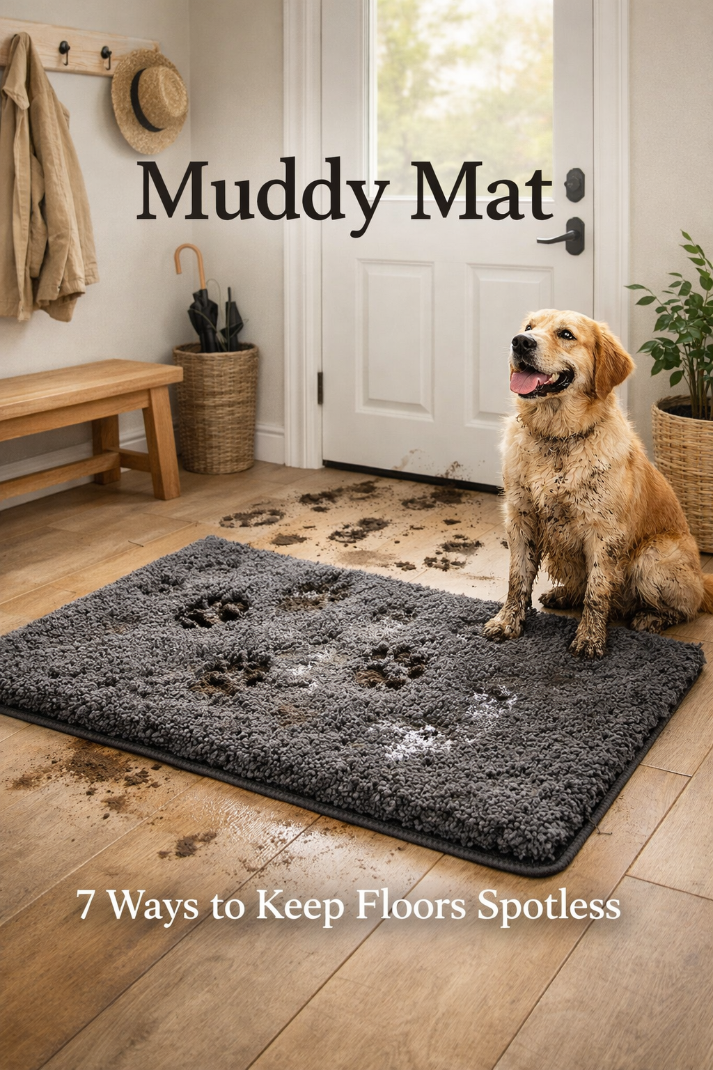 Muddy Mat by the entryway with muddy paw prints and a muddy dog, trapping dirt and water to keep floors spotless.