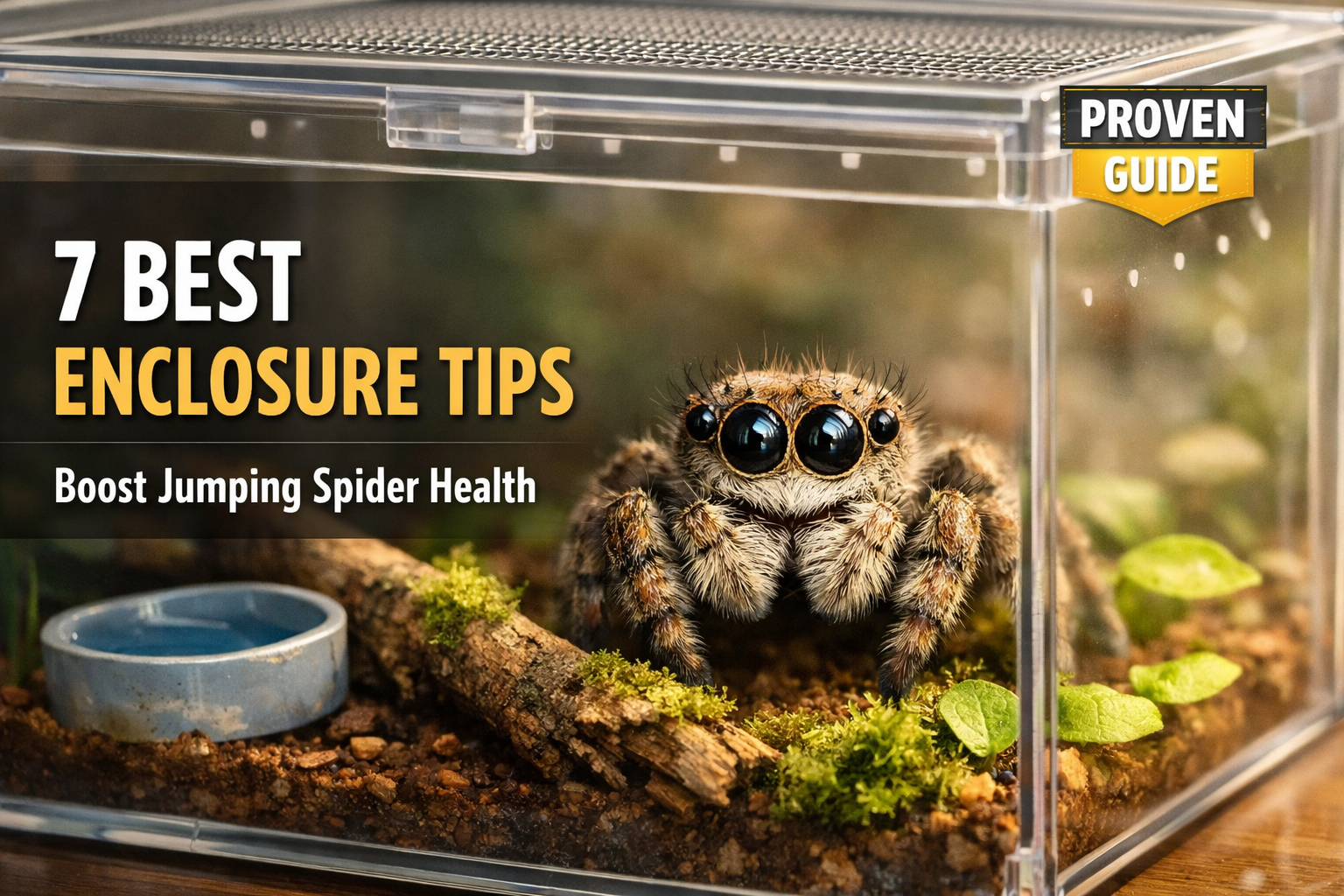 Jumping spider in a ventilated acrylic jumping spider enclosure with moss, branch, and water dish