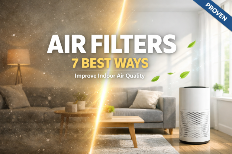 Featured image showing a living room with an air purifier and overlay text “Air Filters – 7 Best Ways to Improve Indoor Air Quality” with a “Proven” badge.